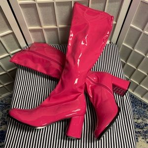Vinyl fuschia pink shin-high (go-go) boots, like new size 9.